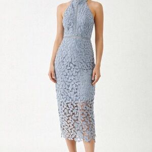 Bardot Blue Lace Halter Midi Dress Size 6 Wedding Guest Cocktail Formal